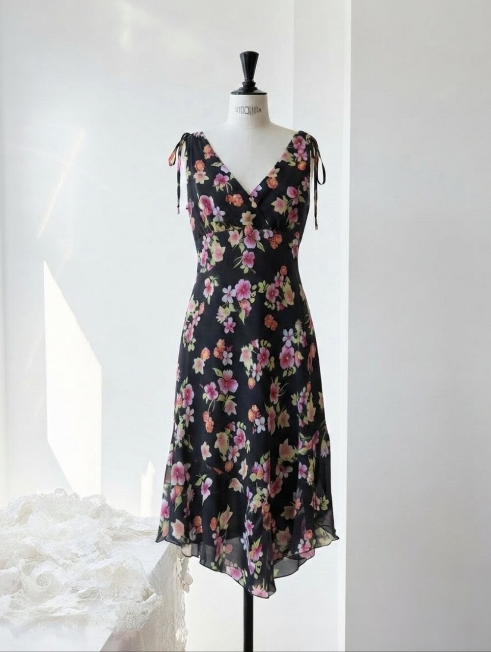 New York & Company Black Floral V-Neck Tie-Shoulder Midi Dress